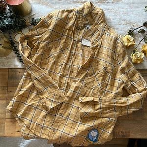 Gold Plaid with Owls flannel shirt. NWT. Brand New. Small.